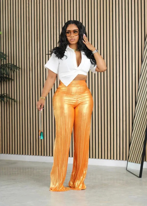 Women's Casual Streetwear Solid Color Full Length Shiny Metallic Casual Pants