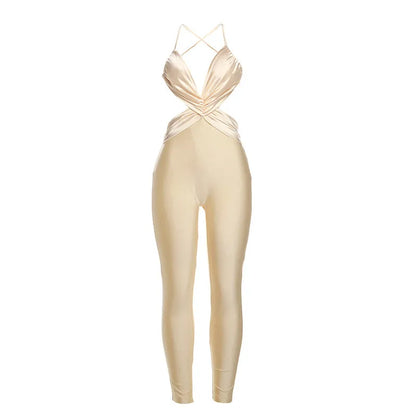 Sexy  Women's One-Piece High-Waisted Color Block Cross Back Tight Long Pants Summer New Arrival