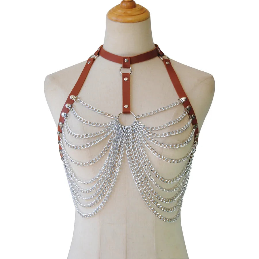 jewelry sexy pu leather multi-layer chain chest chain metal leather bra top accessories body chain