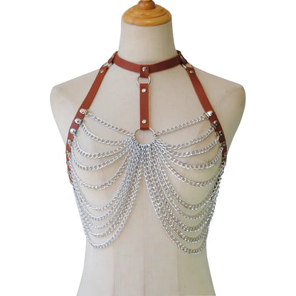 jewelry sexy pu leather multi-layer chain chest chain metal leather bra top accessories body chain