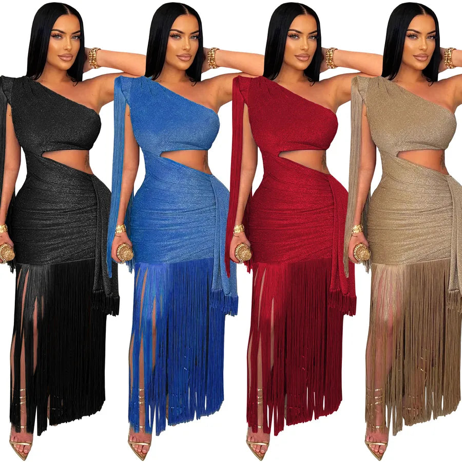 Elegant Long Ankle-Length Sexy Tassel Bordered Casual Single Shoulder Women's Dress  Fashion Skirt