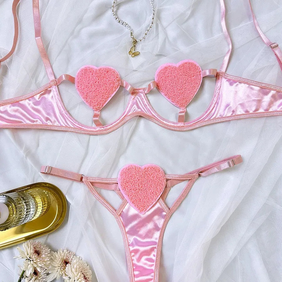 Women's Sexy Heart Shape Sexy Lingerie Sets Home Honeymoon Three-point Low Waist Thong Sexy Lingerie