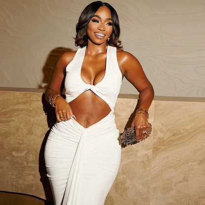 Elegant Pure Color Hollow Out Strap Dress Sexy European Style Street Fashion V-Neck Long Sleeve One Step Skirt With Sash