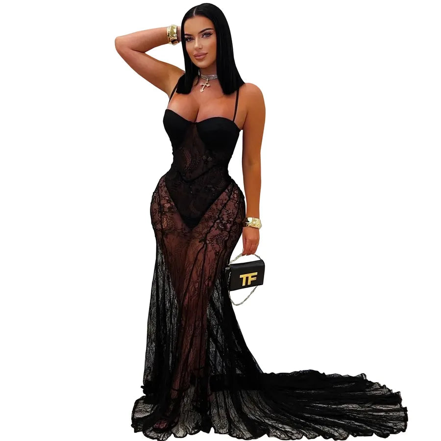Elegant Sexy Lace See-through Dress C7520  Fashion Women's Clothing Strapless Evening Gown Fish Tail Skirt