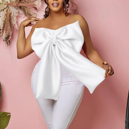 women's blouse sleeveless t-shirts bowknot sexy solid color