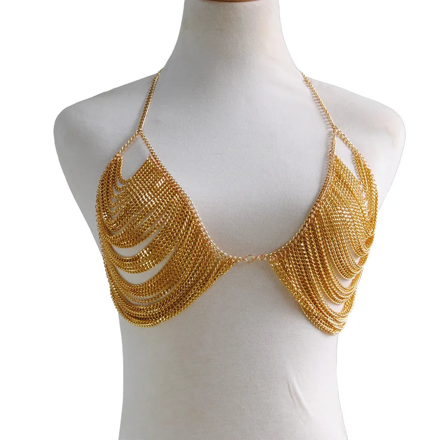 jewelry  vintage alloy chest chain women's hollow gold chain handmade body chain