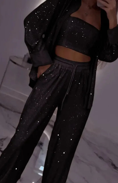 Sequin Suit Jacket Tube Top Wide Leg Pants Three Piece Set