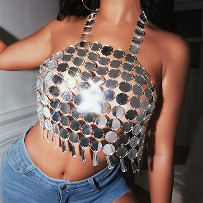 women's tank tops sequins tassel backless fashion