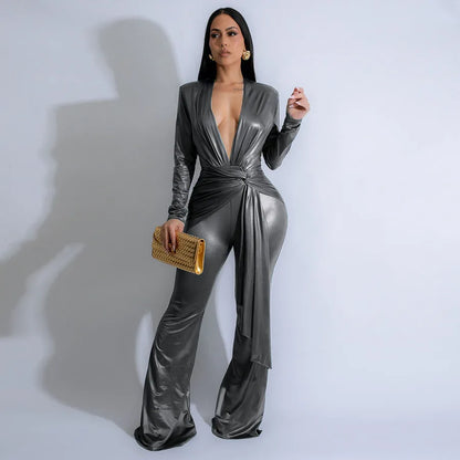 Sexy Deep V Neck Long Sleeve Satin Glitter Fabric Jumpsuit With Sash For Women Party Wear Elastic Waist Regular Fit Knot Design