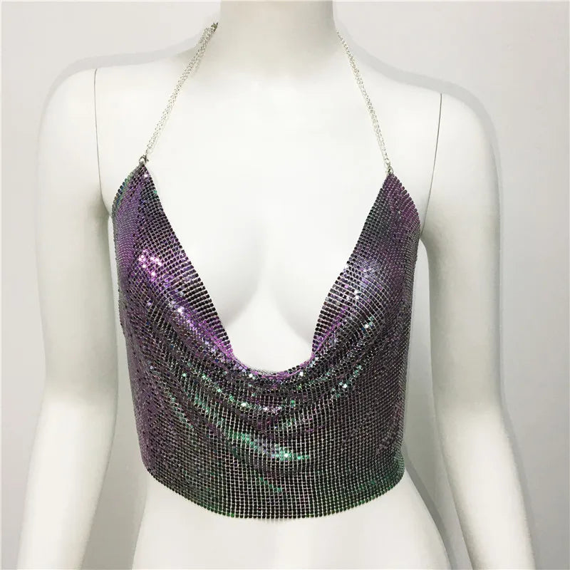 Women'S Wrap Crop Top Tank Tops Sequins Sexy Solid Color