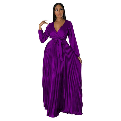 women's swing dress elegant v neck long sleeve solid color maxi long dress party