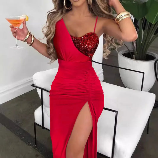 Women's Slit Dress Party Dress Elegant Sexy Strap Oblique collar Sequins Sleeveless Solid Color Midi Dress Banquet Evening Party