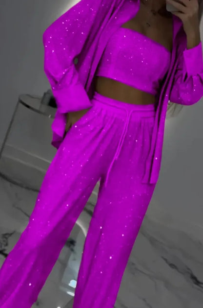 Sequin Suit Jacket Tube Top Wide Leg Pants Three Piece Set