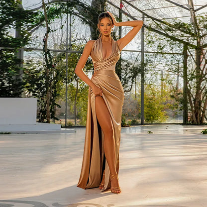 Women's Sheath Dress Elegant Halter Neck Sleeveless Solid Color Maxi Long Dress Holiday