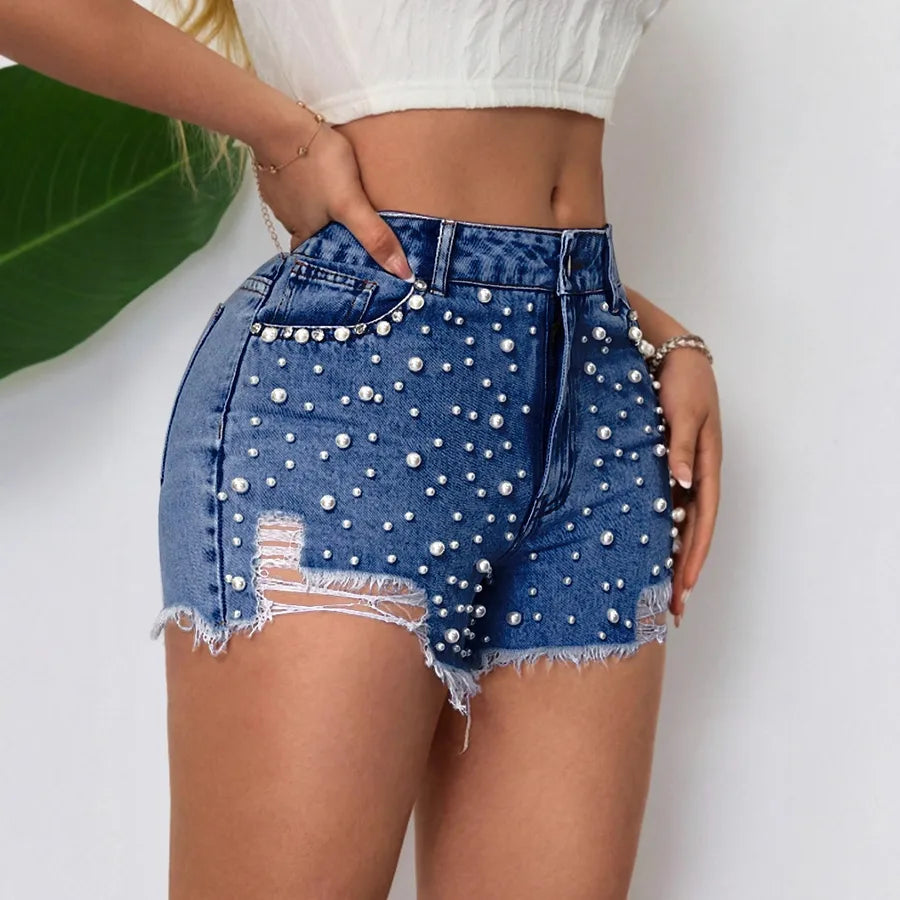 Elegant Pearl Detailing Women's Jeans Shorts With Belt Loop  Style Cotton Polyester Denim Straight Leg