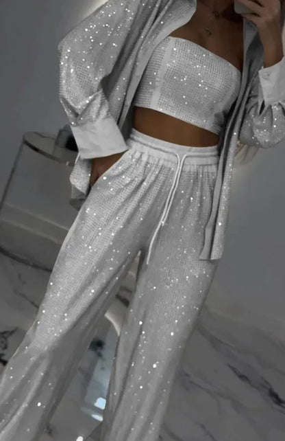 Sequin Suit Jacket Tube Top Wide Leg Pants Three Piece Set