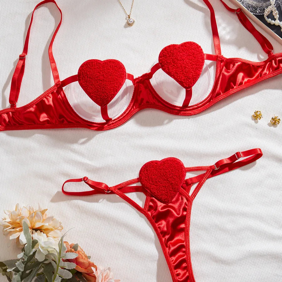 Women's Sexy Heart Shape Sexy Lingerie Sets Home Honeymoon Three-point Low Waist Thong Sexy Lingerie