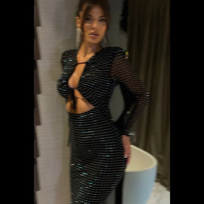 Sexy European Style Colorful Sequin Long Dress Hollow Out Belted Slim Fit Gown Polyester Fabric Sleeveless Evening Gown