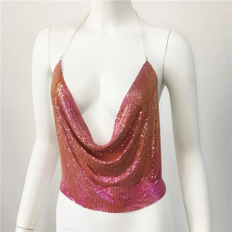 Women'S Wrap Crop Top Tank Tops Sequins Sexy Solid Color