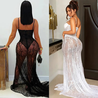 Elegant Sexy Lace See-through Dress C7520  Fashion Women's Clothing Strapless Evening Gown Fish Tail Skirt