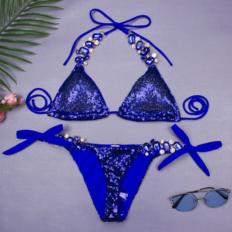 women's solid color sequins 2 piece set bikinis