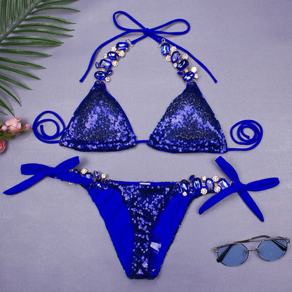 women's solid color sequins 2 piece set bikinis