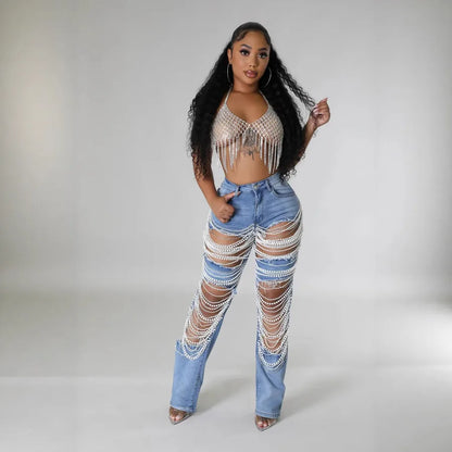 Women's Weekend Daily Party Casual Hip-Hop Sexy Solid Color Full Length Pearl Ripped Jeans