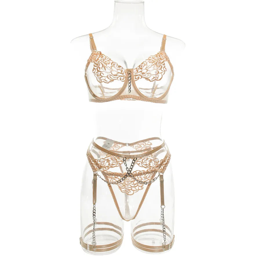 women's sexy solid color flower sexy lingerie sets party chain sheer bra low waist thong sexy lingerie