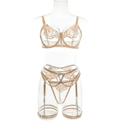 women's sexy solid color flower sexy lingerie sets party chain sheer bra low waist thong sexy lingerie