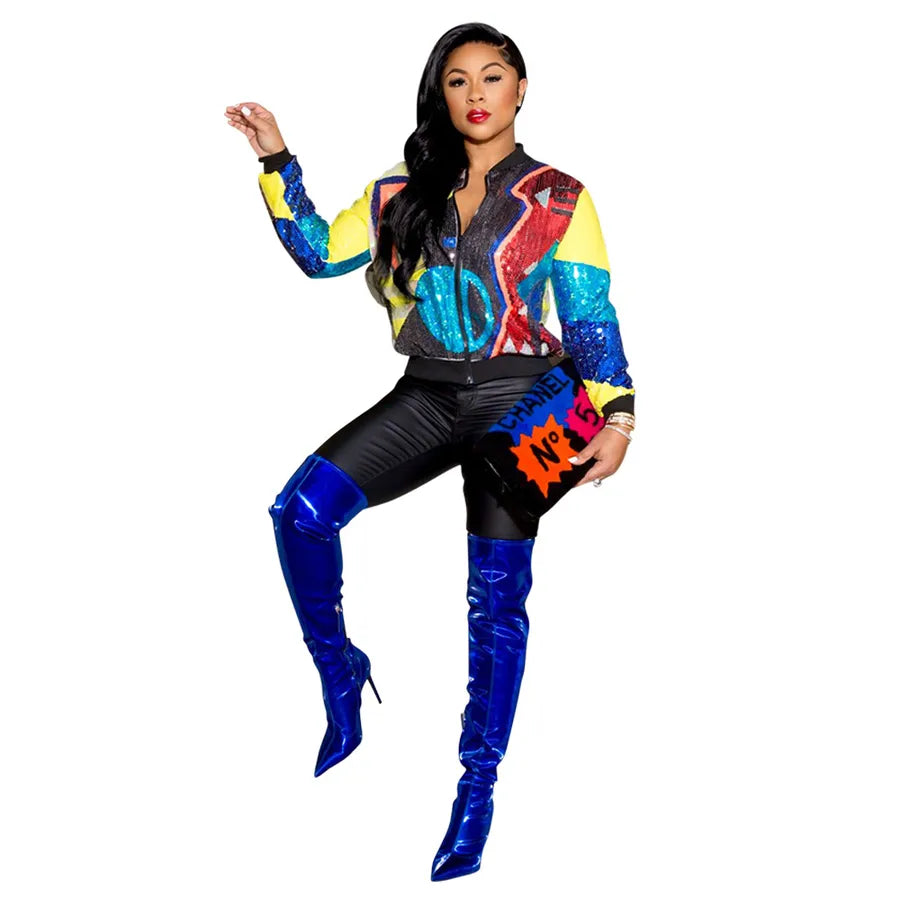 women's british style color block sequins printing patchwork zipper coat jacket