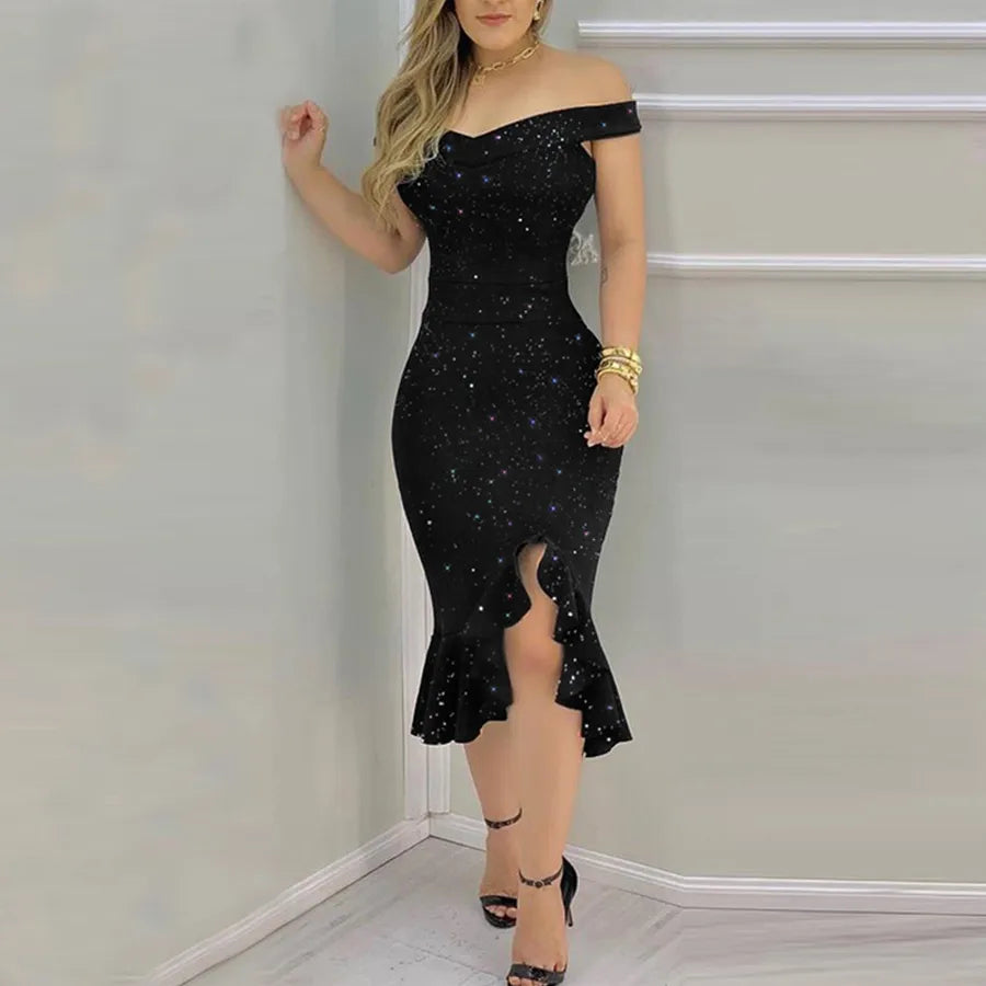 Sexy Mid-Length Women's Dress With Lace Trim And Glitter Polyester Fabric One-Shoulder Sleeveless Elegant Commute Style