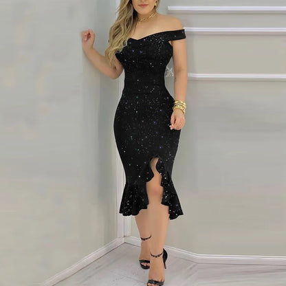 Sexy Mid-Length Women's Dress With Lace Trim And Glitter Polyester Fabric One-Shoulder Sleeveless Elegant Commute Style