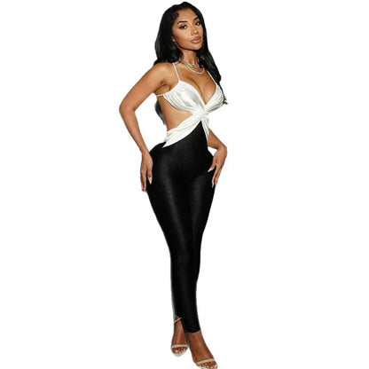 Sexy  Women's One-Piece High-Waisted Color Block Cross Back Tight Long Pants Summer New Arrival