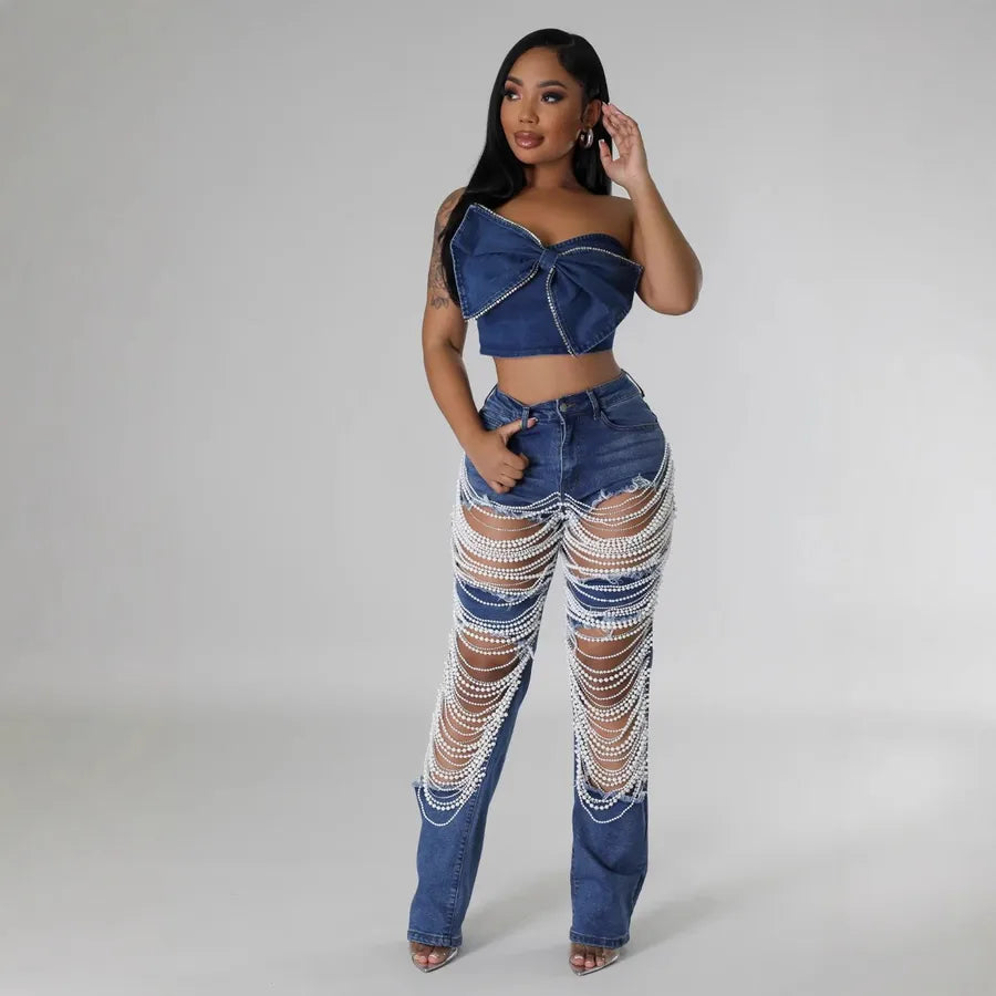 Women's Weekend Daily Party Casual Hip-Hop Sexy Solid Color Full Length Pearl Ripped Jeans