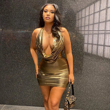 Sexy Mini Skirt Dress  Style Metal Luster Bright Surface Sleeveless Hanging Neck Dress Butt Covering Back Exposure