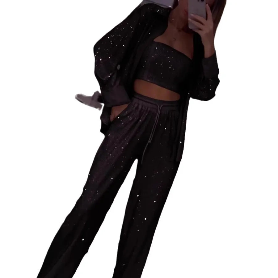 Sequin Suit Jacket Tube Top Wide Leg Pants Three Piece Set