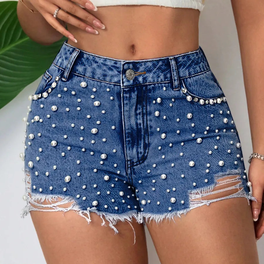 Elegant Pearl Detailing Women's Jeans Shorts With Belt Loop  Style Cotton Polyester Denim Straight Leg