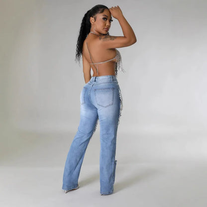 Women's Weekend Daily Party Casual Hip-Hop Sexy Solid Color Full Length Pearl Ripped Jeans