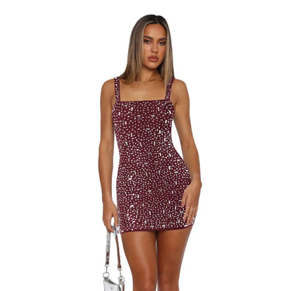 Women's  Spring and Summer New Square Collar Hot Drilling Backless Sling Sexy Hip Dress