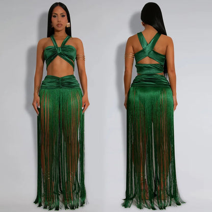 Fashionable Sexy Women's Clothing Set With Shoulder Strap Tassel Long Skirt Two-Piece Suit  Style Casual Wear