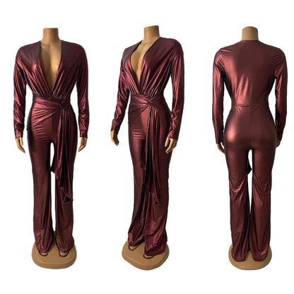 Sexy Deep V Neck Long Sleeve Satin Glitter Fabric Jumpsuit With Sash For Women Party Wear Elastic Waist Regular Fit Knot Design
