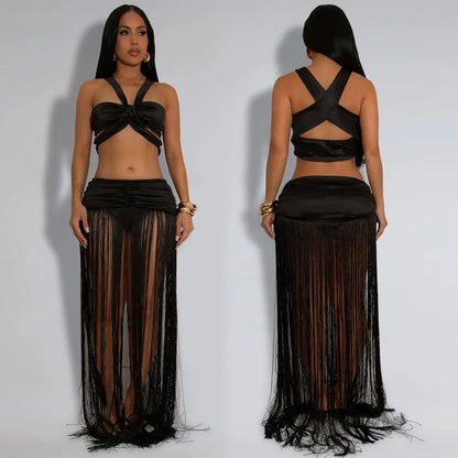 Fashionable Sexy Women's Clothing Set With Shoulder Strap Tassel Long Skirt Two-Piece Suit  Style Casual Wear