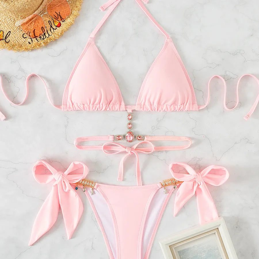 Rhinestone T-Strap Solid Color Bikini
