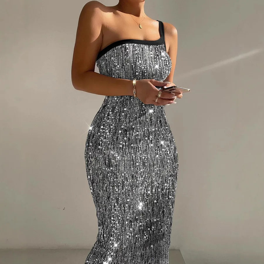 Women's Sheath Dress Elegant Sexy One Shoulder Sequins Sleeveless Solid Color Midi Dress Holiday Banquet