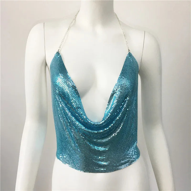 Women'S Wrap Crop Top Tank Tops Sequins Sexy Solid Color