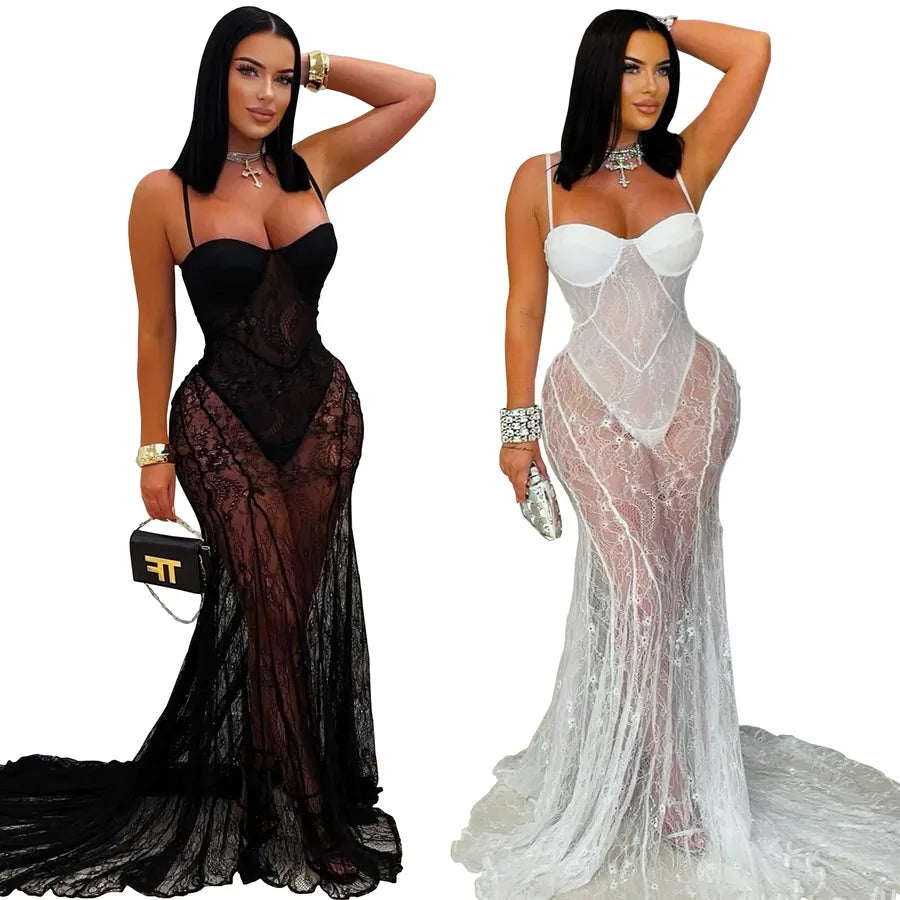 Elegant Sexy Lace See-through Dress C7520  Fashion Women's Clothing Strapless Evening Gown Fish Tail Skirt