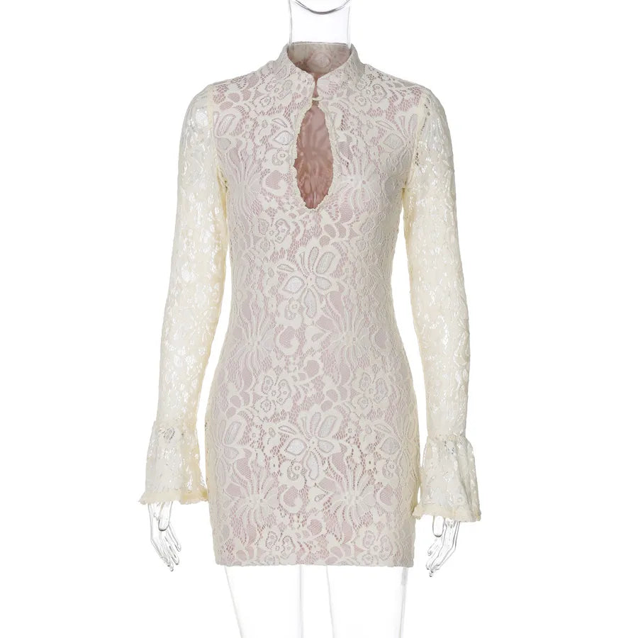 Women's Lace Dress Elegant Standing Collar Lace Long Sleeve Flower Above Knee Holiday Banquet