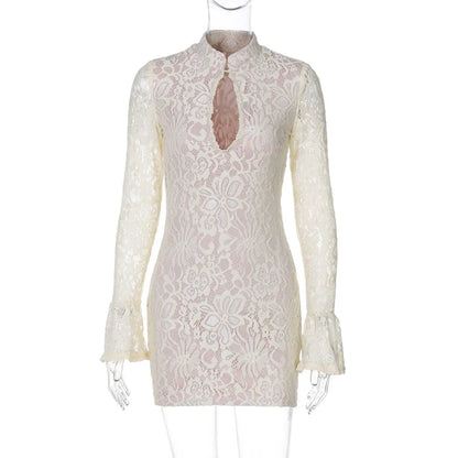 Women's Lace Dress Elegant Standing Collar Lace Long Sleeve Flower Above Knee Holiday Banquet