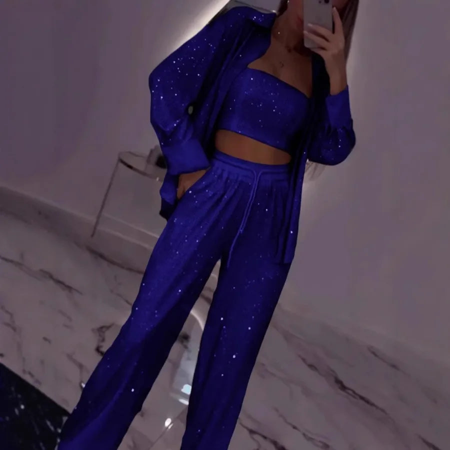 Sequin Suit Jacket Tube Top Wide Leg Pants Three Piece Set
