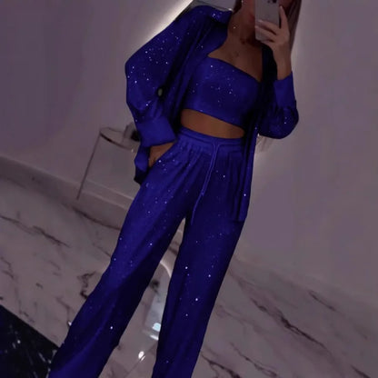 Sequin Suit Jacket Tube Top Wide Leg Pants Three Piece Set